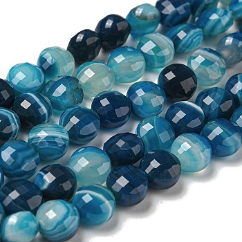 Natural Banded Agate Beads Strands, Faceted, Dyed, Flat Round, Royal Blue, 7~8x5~6mm, Hole: 1.2mm, about 47~49pcs/strand, 13.82''~14.57''(35.1~37cm)