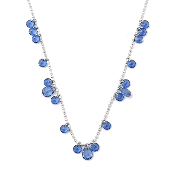 304 Stainless Steel Cubic Zirconia Teardrop & Flat Round Bib Ball Chain Necklaces for Women, Stainless Steel Color, Steel Blue, 17.28 inch(43.9cm)