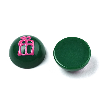Opaque Resin Enamel Cabochons, Half Round with Deep Pink Gift Box Pattern, Green, 15x7.5mm