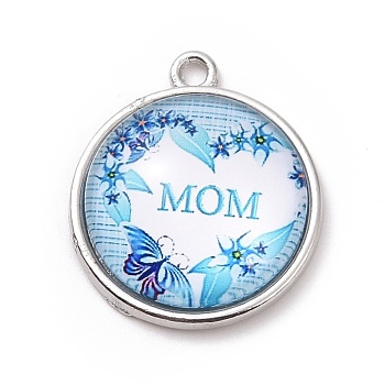 Mother's Day Theme Alloy Glass Pendants, Flat Round with Word, Deep Sky Blue, 23.5x20x6mm, Hole: 2mm