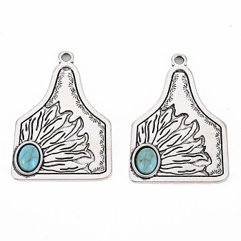 Tibetan Style Alloy Pendants, with Synthetic Turquoise, Cadmium Free & Lead Free, Mount Shapes, Antique Silver, 40.5x29x4.8mm, Hole: 2.5mm