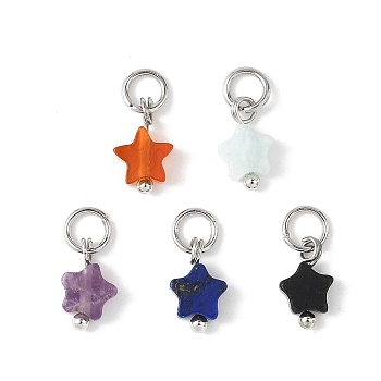 Natural Lapis Lazuli & Carnelian & Amazonite & Black Stone & Amethyst Star Charms, with Brass Findings, Platinum, Mixed Dyed and Undyed, 10x6x2.5mm, Hole: 3.2mm