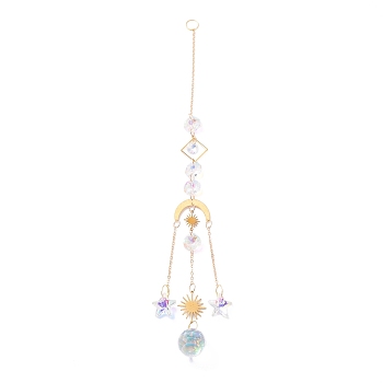 Hanging Crystal Aurora Wind Chimes, with Prismatic Pendant and Moon & Sun Iron Link, for Home Window Chandelier Decoration, Golden, 305mm