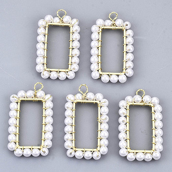 ABS Plastic Imitation Pearl Pendants, with Real 18K Gold Plated Brass Findings, Rectangle, Creamy White, 30x16.5x3mm, Hole: 2mm