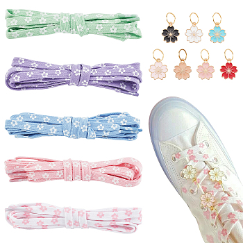 Polyester Shoelace, with Alloy Enamel Pendants, Sakura Theme, Mixed Color, Shoelace: 1230x9x3mm, 5pairs; Pendants: 28mm, 7pcs/set, 2sets