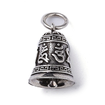 Ion Plating(IP) 304 Stainless Steel Pendants, with Jump Ring, Bell with Ohm/Aum Charm, Antique Silver, 18x14.5mm, Hole: 5.5mm
