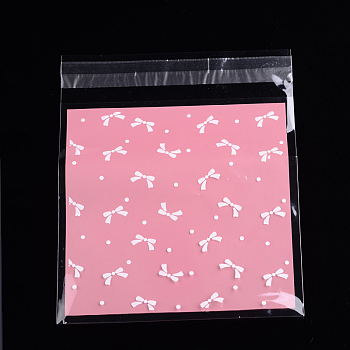 Rectangle OPP Cellophane Bags, with Bowknot Pattern, Pearl Pink, 17x14cm, Unilateral Thickness: 0.035mm, Inner Measure: 13.9x14cm, about 95~100pcs/bag