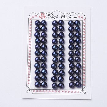 Natural Cultured Freshwater Pearl Beads, Dyed, Half Drilled, Round, Black, 7~8x6.5~7mm, Hole: 1mm