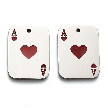 304 Stainless Steel Pendant, with Enamel, Rectangle with Ace of Hearts Charm, Red, 20x15x1.5mm, Hole: 1.2mm