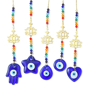 Glass Beaded Pendant Decorations, with Evil Eye Lampwork and 201 Stainless Steel Lotus Hanging Ornaments, Star/Teardrop/Heart/Flat Round/Hamsa Hand, Colorful, 235~254mm