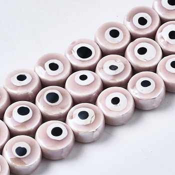 Handmade Porcelain Ceramic Beads Strands, Bright Glazed Porcelain, Flat Round with Evil Eye, Rosy Brown, 8x5mm, Hole: 1.5mm, about 40pcs/strand, 12.01 inch(30.5cm)