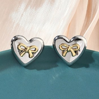 Two Tone 304 Stainless Steel Stud Earrings, Heart & Bowknot, Ion Plating(IP), Long-Lasting Plated, Stainless Steel Color, 17.5x20mm