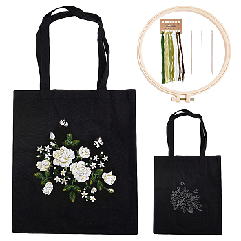 DIY Ethnic Style Embroidery Canvas Bags Kits, Including Plastic Imitation Bamboo Embroidery Hoop, Needle, Threads, Fabric, Flower Pattern, Flower Pattern, Bag: 650mm