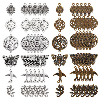 72Pcs 12 Styles Tibetan Style Alloy Connector Charms, Butterfly & Bird & Sunflower & Flat Round & Leaf, Antique Bronze & Antique Silver, 15~31x9~24x1~2mm, Hole: 1~2mm, 6pcs/style