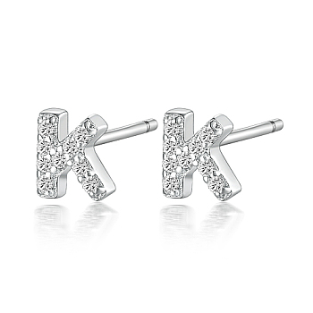 Rhodium Plated 925 Sterling Silver Initial Letter Stud Earrings, with Cubic Zirconia, Platinum, Letter K, 5x5mm