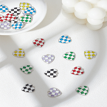 24Pcs 6 Colors Alloy Enamel Pendants, Platinum, Heart with Tartan Pattern Charms, Mixed Color, 17.5x16x2mm, Hole: 1.6mm, 4pcs/color