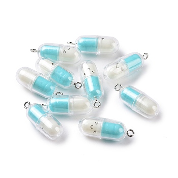 Translucent Plastic Pendants, Pill Capsule Charm, with Platinum Tone Iron Loops, Light Blue, 29x10.5mm, Hole: 2mm