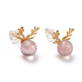 925 Sterling Silver Antlers Stud Earrings, Strawberry Quartz Crystal Round Beads Dainty Earrings, Golden, 12x9mm, Pin: 0.6mm