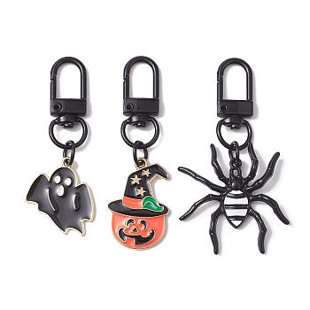 3Pcs 3 Styles Halloween Alloy Enamel Ghost/Spider/Pumpkin Pandant Decorations, Swivel Clasps Charms for Bag Ornaments, Mixed Color, 59~67mm, 1pc/style