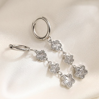 304 Stainless Steel & Cubic Zirconia Hoop Earrings, Star, Stainless Steel Color, Clear, 47x8mm