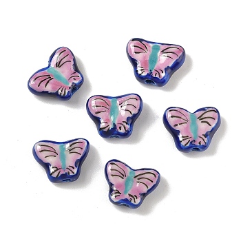 Handmade Porcelain Beads, Hand Painted Ceramic Beads, Butterfly, Famille Rose Porcelain, Blue, 13.5x16.5~18x6~6.5mm, Hole: 1.6~2mm