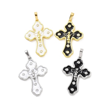 Eco-friendly Rack Plating Brass Micro Pave Cubic Zirconia Pendants, with Enamel, Cadmium Free & Lead Free, Long-Lasting Plated, Religion Cross with Angel Charm, Mixed Color, 32.5x22.5x2.5mm, Hole: 3.5x6mm