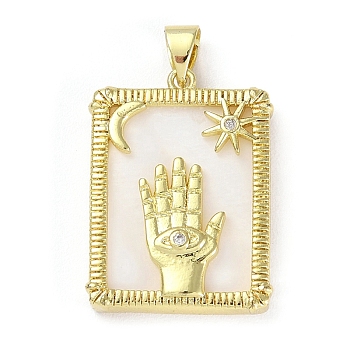 Brass Pave Shell Pendants, Rectangle Charms with Clear Cubic Zirconia, Golden, Palm, 24x18x4.5mm, Hole: 5x4mm