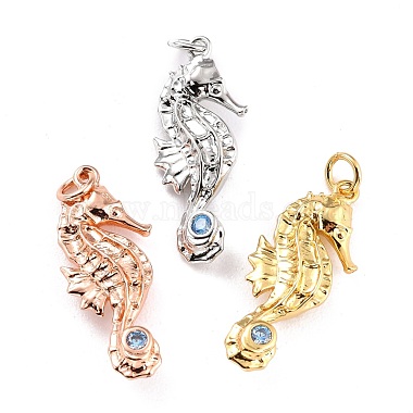 Mixed Color Light Cyan Sea Horse Brass+Cubic Zirconia Pendants