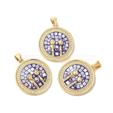 Real 18K Gold Plated Purple Flat Round Brass+Cubic Zirconia Pendants