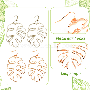 4 Pairs 2 Colors Alloy Hollow Out Monstera Leaf Dangle Earrings for Women(EJEW-AN0001-18)-3