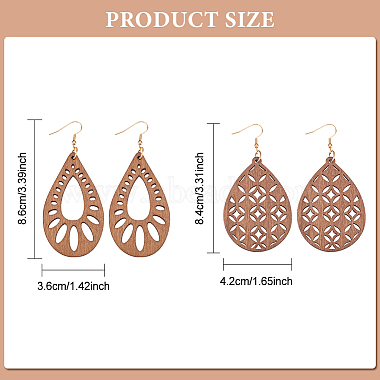 2 Pairs 2 Style Natural Wood Hollow Out Teardrop Dangle Earrings(EJEW-AN0001-54)-2