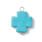 Dyed Synthetic Turquoise Pendants, Religion Cross Charms with Iron Loops, Platinum, 27.5x20.5x5.5mm, Hole: 3.5mm(PALLOY-JF04586)