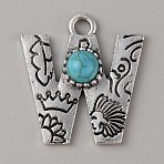 Alloy with Resin Imitation Synthetic Turquoise Pendants, Letter Charms, Antique Silver, Letter W, 26x24x5mm, Hole: 3mm(FIND-TAC0017-37W)