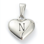 304 Stainless Steel Pendants, Heart with Black Letter, Stainless Steel Color, Letter.N, 16x16x4.5mm, Hole: 7x3mm(STAS-P278-01N-P)
