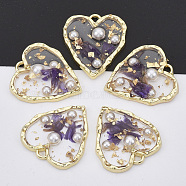 Light Gold Plated Alloy Pendants, with Epoxy Resin, ABS Plastic Imitation Pearl Cabochons, Gold Foil and Dried Flower, Heart, Purple, 23x20.5x4mm, Hole: 1.6mm(PALLOY-N150-32)