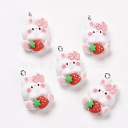 Resin Pendants, with Platinum Iron Findings, Cute, Rabbit with Strawberry, White, 27.5x17.5x8mm, Hole: 2mm(RESI-M026-07)