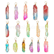 16Pcs Natural Dyed Quartz Bead Pendants, Bullet Charms, with Eco-Friendly Copper Wire Wrapped, Two Tone, Mixed Color, Real 18K Gold Plated, 31~50x6~12x5~12mm, Hole: 4~4.5mm(FIND-AR0004-24)