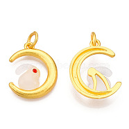 Glass Charms, with Alloy Findings and Rhinestone, Matte Gold Color, Moon with Rabbit, Ruby, 21x17x4mm, Jump Ring: 6x1mm, Inner Diameter: 4mm(PALLOY-P285-28MG-02)