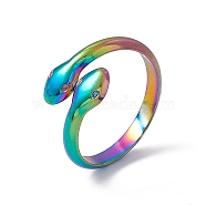 Ion Plating(IP) 304 Stainless Steel Double Snake Open Cuff Ring for Women, Rainbow Color, US Size 7 1/2(17.7mm)(RJEW-C045-14M)