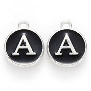 Platinum Plated Alloy Charms, Cadmium Free & Lead Free, with Enamel, Enamelled Sequins, Flat Round with Letter, Letter.A, 14x12x2mm, Hole: 1.5mm(ENAM-S118-02A-P)