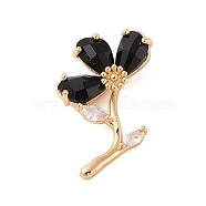 Brass Glass Pendants, Flower, Faceted, Golden, Black, 31x19x8mm, Hole: 5x3mm(KK-B100-041G-05)