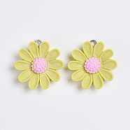 Resin Pendants, with Platinum Plated Iron Findings, Flower, Champagne Yellow, 26.5x25x6.5mm, Hole: 2mm(RESI-TAC0002-29B)