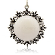 Antique Silver Alloy Resin Big Pendants, with Crystal Rhinestone, Flat Round, White, 64x56x10mm, Hole: 2.5mm(PALLOY-J132-04AS)