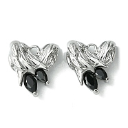 Brass Heart Charms, Real Platinum Plated, with Glass, Jet, 13x12x4mm, Hole: 1.5mm(KK-D092-02P-01)