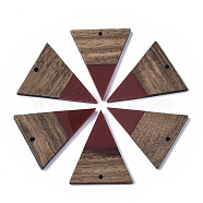 Resin & Walnut Wood Pendants, Triangle, Dark Red, 37.5x31x3mm, Hole: 1.8mm(RESI-T035-06D)