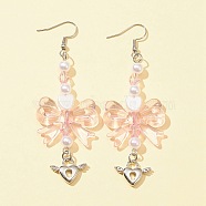 Bowknot & Heart Acrylic Dangle Earrings, Platinum Brass Long Drop Earrings for Women, Pink, 83mm, Pin: 0.6mm(EJEW-FZ00003)