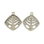 Tibetan Style Alloy Tree Pendants, Lead Free & Cadmium Free, Rhombus, Antique Silver, 23x20x2mm, Hole: 2mm(TIBEP-GC172-AS-RS)