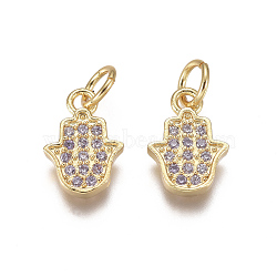 Religion Brass Micro Pave Cubic Zirconia Charms, with Jump Rings, Hamsa Hand/Hand of Fatima /Hand of Miriam, Lilac, Golden, 10.5x7x1.5mm, Hole: 3mm(ZIRC-I038-14G)