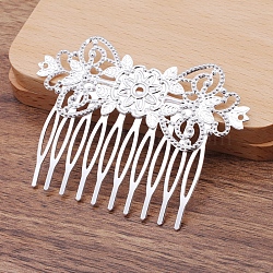 Brass Hair Comb Findings, Iron Comb, Flower, Silver, 76x55mm, 5pcs/set(PW-WGEBCA5-01)