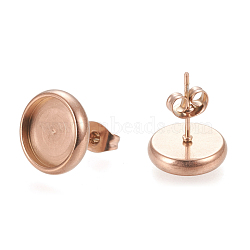 Ion Plating(IP) 304 Stainless Steel Stud Earring Settings, with Ear Nuts, Flat Round, Rose Gold, 12.5mm, Pin: 0.8mm, Tray: 10mm(STAS-K202-05D-RG)